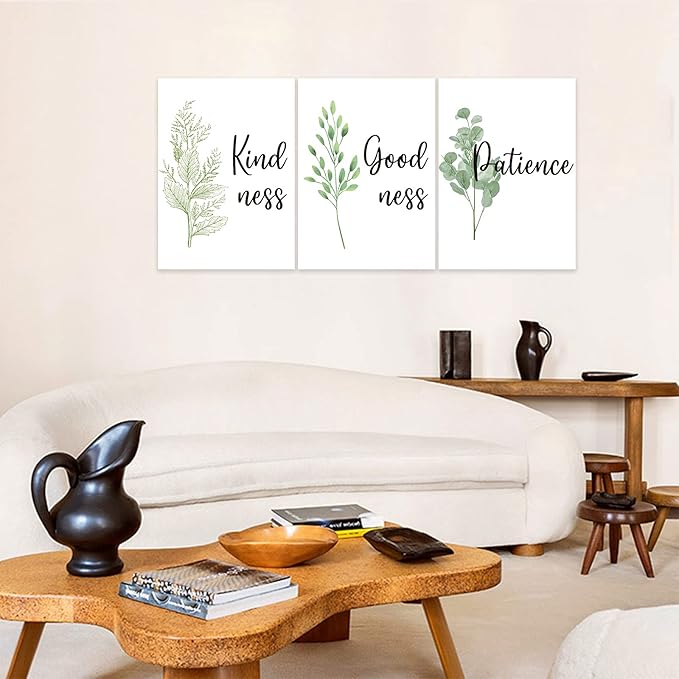 3 Piece Inspirational Wall Art, White Plant Background Picture, Quote "Kind Good Patience" Canvas Print for Office Decor, Triptych Entrepreneur Painting Framed Artwork for Home Wall Decor (36"Wx24" H)