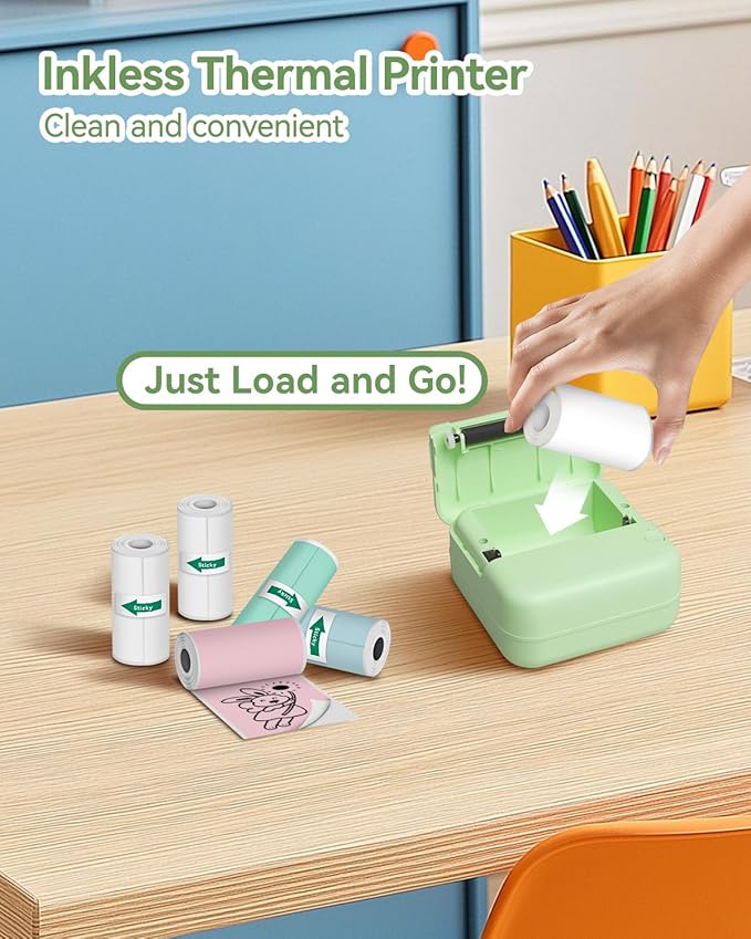 Aptika Mini Printer - Portable Sticker Maker with 14 Rolls Self-Adhesive Thermal Papers, Inkless Label Maker Machine for Study Anatomy Graphics Photos Address, Green
