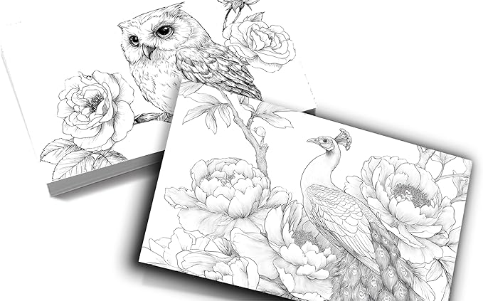 Artwink Watercolor Coloring Cards – 15 Sheets (5x7 Inches), Great for Coloring Book Lovers & Watercolor Painting Practicee (Cat/Dog/Bird/Landscape Illustrations) (Bird with Flower)