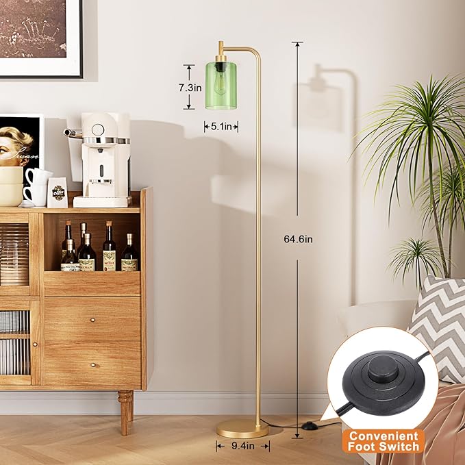 Floor Lamps for Living Room - Industrial Standing Lamp with Green Glass Shade, Modern Gold Floor Lamp with LED Bulbs, Farmhouse Floor Lamp for Bedroom, Tall Lamp for Office