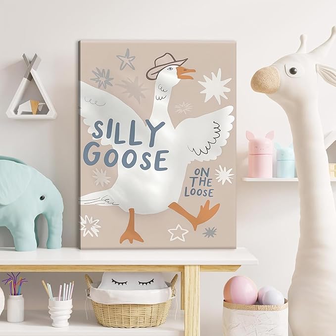 MJONG Funny Nursery Wall Art, Cowboy Silly Goose on the Loose Canvas Prints, Cute Farm Animal Country Wall Decor for Kids Bedroom or Playroom, Rustic Farmhouse Artwork – 12x16in