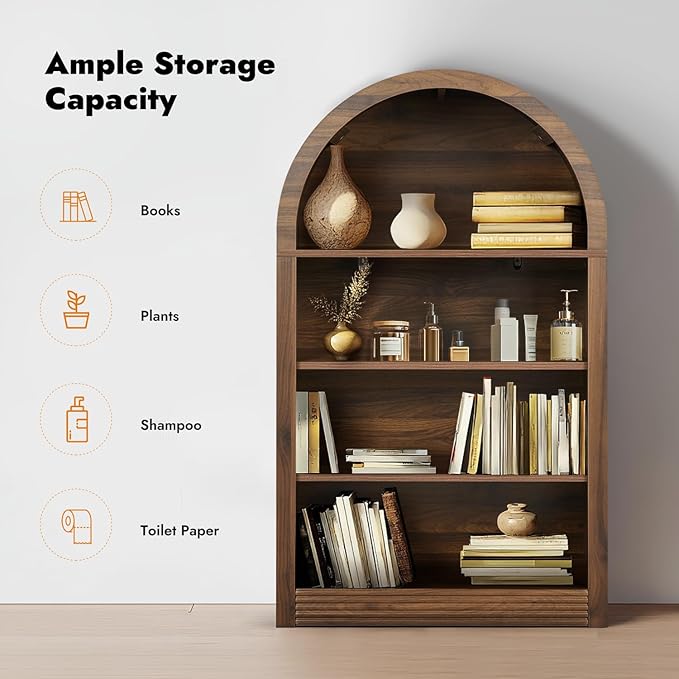 Bookcase, 4-Tier Tall Bookshelf, 47.6" Wood Open Display Floor Arched Book Shelf, Large Storage Organizer for Bedroom and Living Room Brown