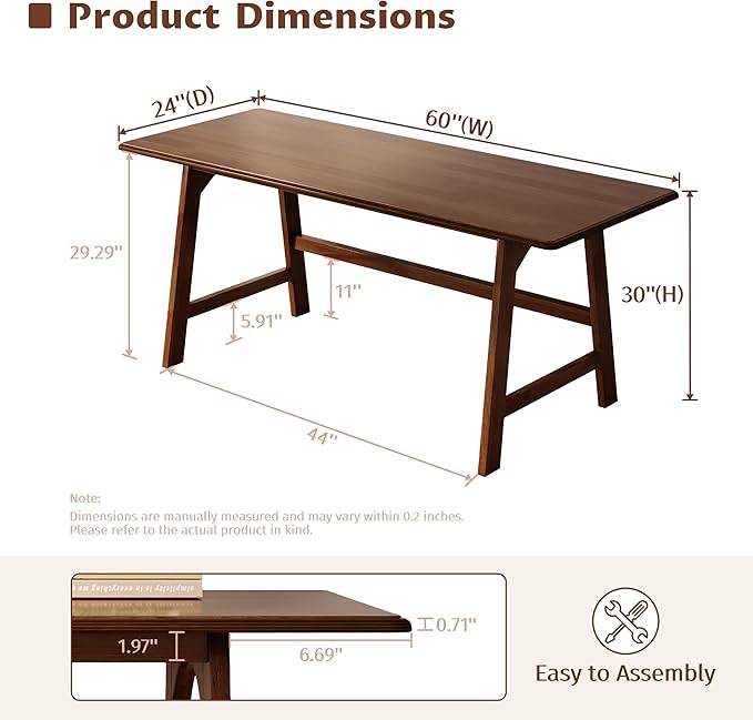 IOTXY Solid Wood Writing Table - 60" W x 24" D Minimalist Computer Desk for Home Office, Work, Study, Creativity, and PC Workstation, Walnut