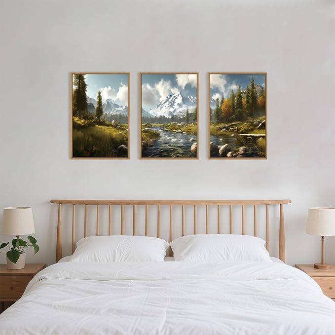 Watercolor Sage Green Mountain Woodland Framed Canvas Wall Art Set,Modern Wilderness River Grassland Wall Decor,Natural Rustic Forest Landscape Artwork for Living Room,Farmhouse- 24"x36"x3