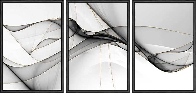 SIGNWIN Framed Canvas Print Wall Art Set Pastel Gray Geometric Smoke Wave Abstract Shapes Illustrations Modern Art Decorative Nordic Zen Chic for Living Room, Bedroom, Office - 24"x36"x3 Black