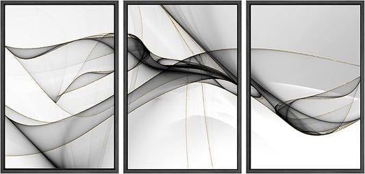 SIGNWIN Framed Canvas Print Wall Art Set Pastel Gray Geometric Smoke Wave Abstract Shapes Illustrations Modern Art Decorative Nordic Zen Chic for Living Room, Bedroom, Office - 16"x24"x3 Black