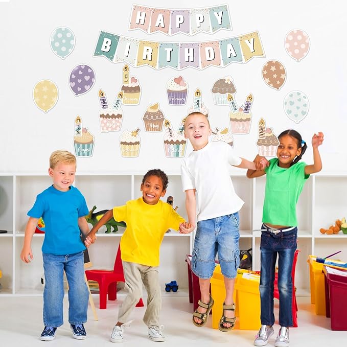 Leinuosen 45 Pieces Happy Birthday Bulletin Board Set Birthday Bulletin Board Decorations Classroom Chart Calendar Balloon Candle Cupcake Cutouts for Calendar Classrooms (Boho)