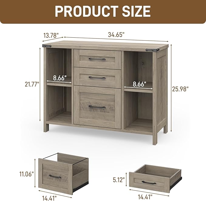 Farmhouse File Cabinet, Lateral Filing Cabinet with 3 Drawers for Letter/A4 Size Hanging Files, Large Wooden Printer Stand with Adjustable Shelves for Home Office, Rustic Grey