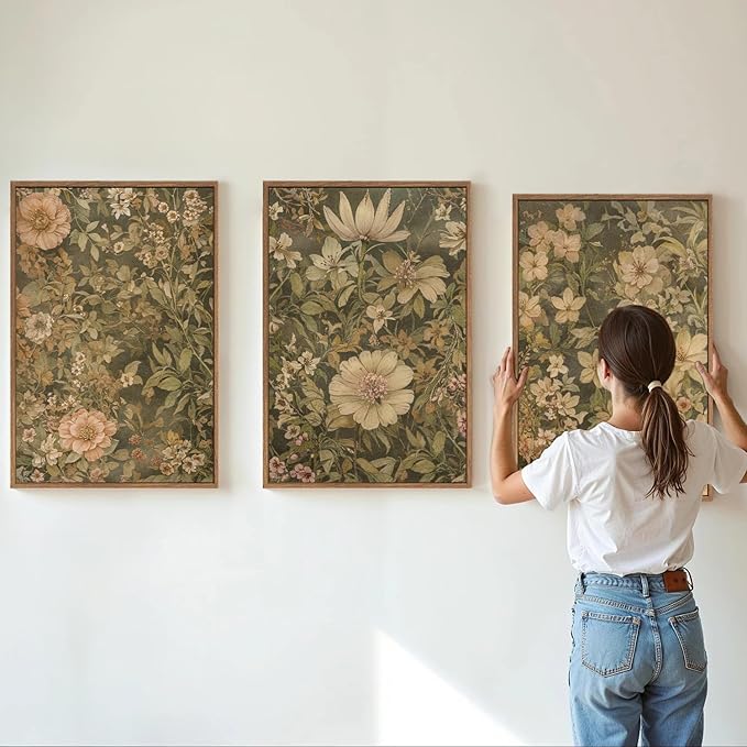 SIGNINART Vintage Floral Framed Canvas Wall Art Set of 3, Mid Century Modern Wildflower Wall Decor, Neutral Botanical Artwork, Retro Plant Art Prints for Bedroom, Living Room, Office 24"x36"