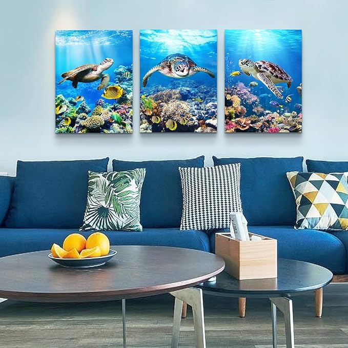 MHARTK66 Canvas Wall Decor - Modern Sea Turtle Wall Art, Ocean Pictures, 3 Piece Large Artwork for Bedroom, Living Room, Office, Bathroom