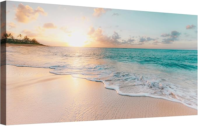 OKEXCKK Beach Large Canvas Wall Art - Sunset Scene Picture Painting Print for Office, Bedroom, Living Room Decoration, Large Coastal Artwork for Wall Decor 29"x58"