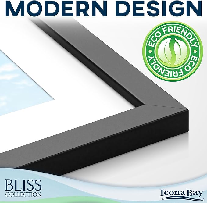 Icona Bay - 12x16 Black Picture Frame Fits 11x15 Photos with Mat to 9x12 Image - Modern Style Engineered Wood Poster Frame - Wall Mount Only - Bliss Collection