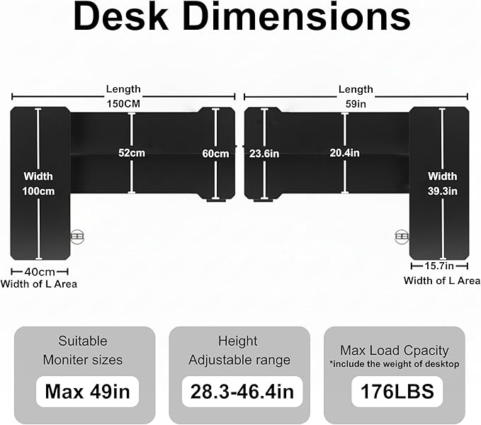 59 Inch L Shaped Standing Desk Adjustable Height,Gaming Electric Corner Standing Desk, Sit Stand Computer Table with Reversiable Splice Board, Black Carbon