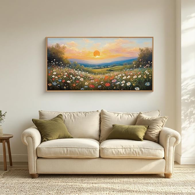 HOURIA Watercolor Spring Floral Meadow Landscape Framed Canvas Wall Art Set,Boho Vibrant Colorful Wildflower Decor,Modern Sunset Nature Inspired Scenery Artwork for Living Room,Bedroom,Farmhouse-20"x40"x1