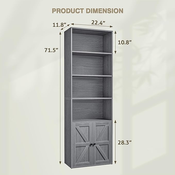 YESHOMY 71.5" Tall Bookshelf and Bookcase, Industrial Bookshelves and Bookcases with Doors, 4-Tier Floor Standing Tall Display Storage Cabinet with Doors for Home Office, Living Room, Gray, 2 PCS
