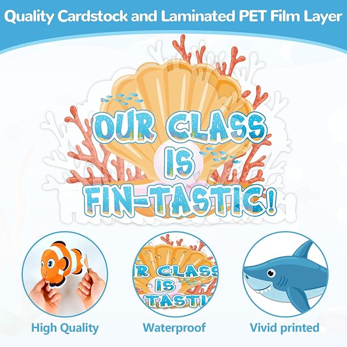 gisgfim Under The Sea Bulletin Board Decoration Set Classroom Sea Animals Cutouts Borders for School Decor Ocean Theme Summer Welcome Bulletin Board Craft Door Home Wall(Our Class is Fin-Tastic)