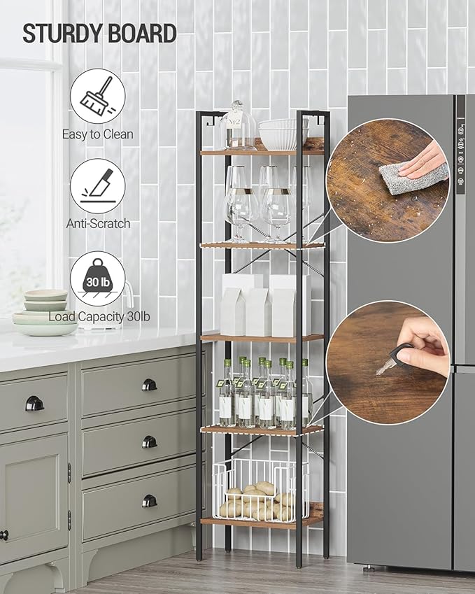 Bookshelf, Book Shelf, Industrial Bookcase with 2 Hooks, Coner Shelf Storage Organizer for Home Office, Living Room, Bedroom, Kitchen, 5-Tier Rustic Brown BC10501B