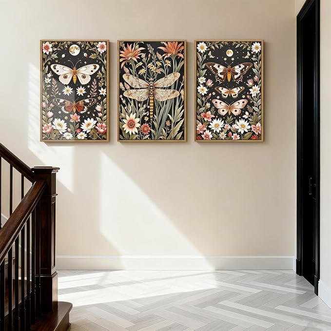 ANHUIB William Morris Wall Art 16x24 Inch Vintage Floral Wall Decor Framed Butterfly Dragonfly Prints Nature Botanical Animal Artwork Set of 3 for Living Room Bedroom Office