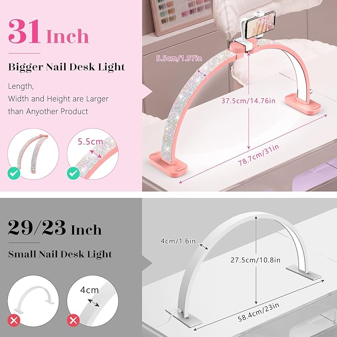 Half Moon Light for Nail Tech: 31 inch Lash LED Lamp with Phone Holder - 48W Foldable Arch Lights for Eyelash Tech - Manicure Handicraft Lighting for Spa,Salon