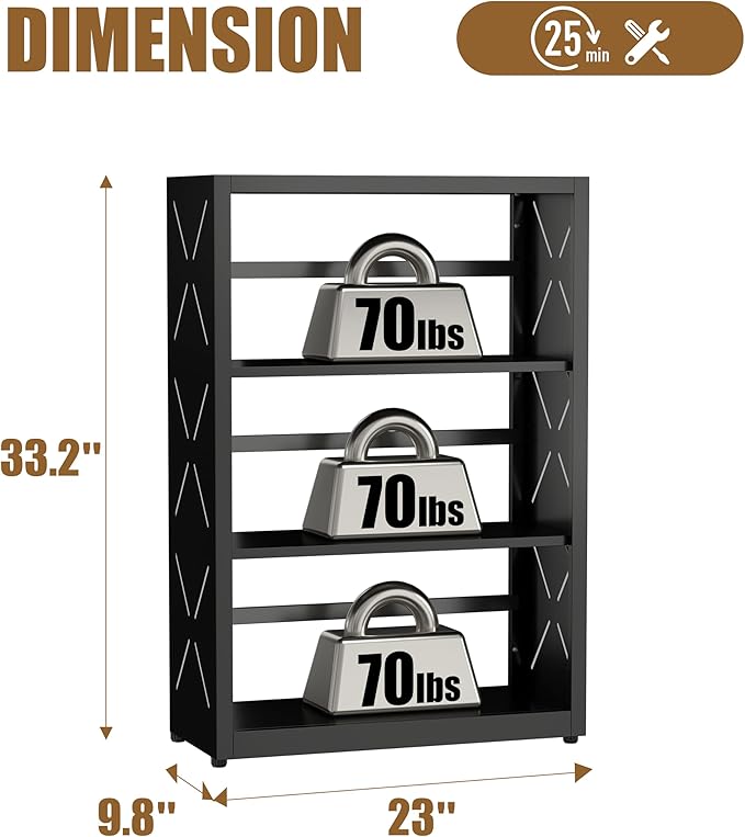 3 Tier Bookshelf, 34"Tall Metal Bookcase with Adjustable Shelves, Modern Display Book Shelf, Black Bookcase Shelf, Utility Shelf, Storage Shelves for Office, Living Room, Kitchen, Study-23"W
