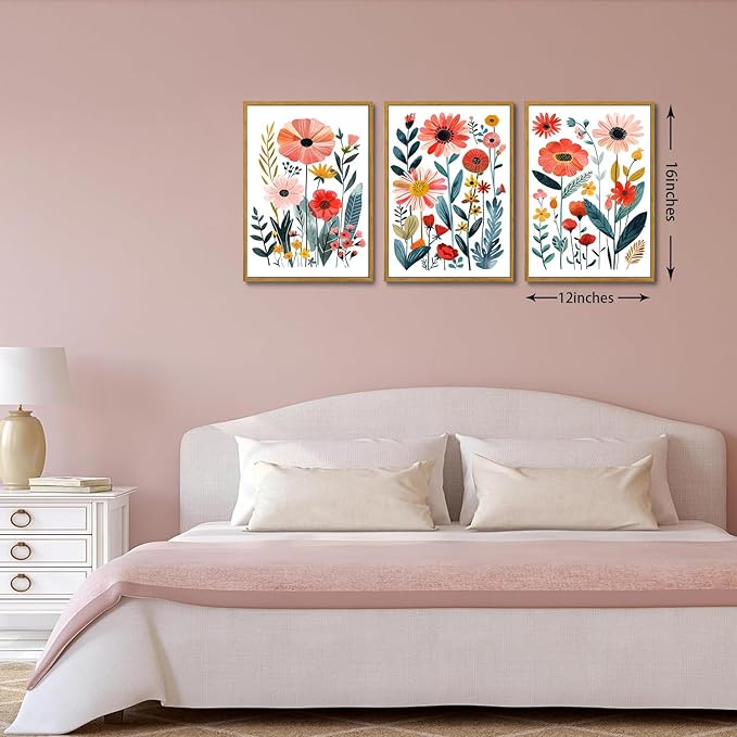 KISSFOX Colorful Wildflower Canvas Wall Art Set Of 3 Flowers Pictures Prints Flowers Printing Floral Watercolors Flower wall Decor Living Room Girls Bedroom Bathroom (Blue Orange, 12"x16" Natural Framed, Framed)