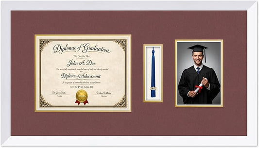 Diploma Tassel and Photo Frame Bright White Shadowbox Dark Red Over Gold Mat - Fits 10 x 8 Degree Picture Made in the USA
