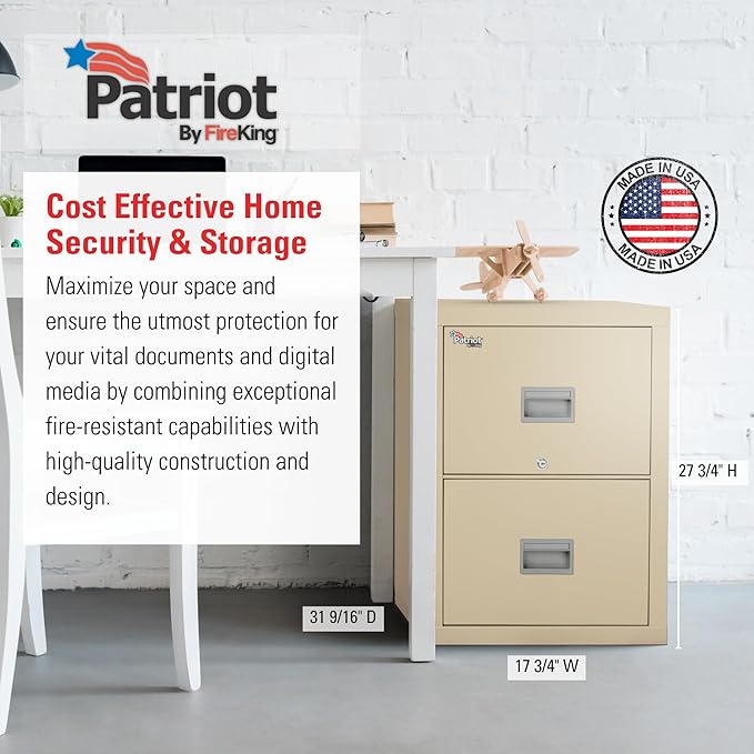 FireKing Patriot 2P1831-CPA Insulated UL Class 350 one-Hour Fire Rated Vertical Filing Cabinet with 2 Drawers, Deep Letter Size, 31-9/16" Length x 17-3/4" Width x 27-3/4" Height, Parchment