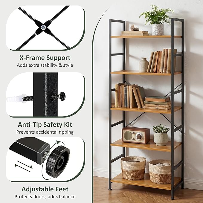 5 Tier Bookshelf, Free Standing Wooden Bookcase with Open Storage Shelves with Metal Frame, Sturdy Shelf Organization Display Rack for Living Room, Bedroom, Home Office, 62.2" Tall, Wood