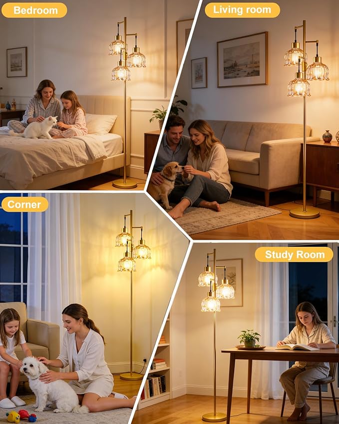 Lightdot 3-Light Lotus Floor Lamp 65'' Dimmable with Brown Glass Shade & E12 Bulbs Included, Mid Century Tall Flower Lamp for Living Room/Bedroom/Sofa Beside/Corner Decor - Gold