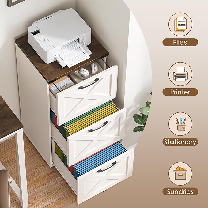 3 Drawer Tall File Cabinet with Wheels, Farmhouse Vertical Filing Cabinet Fits Letter/A4 Size, Rolling File Cabinets Wooden Printer Stand for Home Office, Rustic White