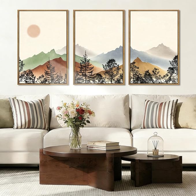 BINCUE Large Boho Mountain Wall Art Framed,Beige Landcape Canvas Wall Decor,Watercolor Landscape Art Print Mountain,Abstract Forest Nature Painting for Home Living Room Bedroom Office 36x24 Inches
