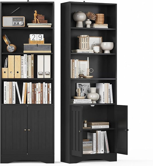 Gizoon Bookcase, Bookshelves and Bookcases, 71” 6-Shelf Bookcase with Doors, Floor Standing Display Storage Shelves, with Adjustable Shelves, for Home, Office, Living Room, Bedroom, Black