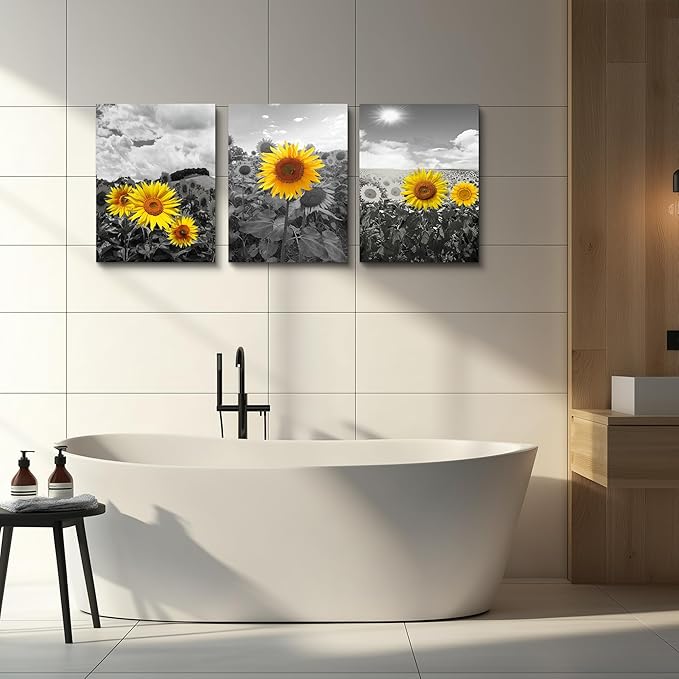 Canvas Wall Art - Family Wall Decor, Kitchen & Bedroom - Black & White Pastoral Scenery - Sunflower Flowers - 16x12, 3 Piece