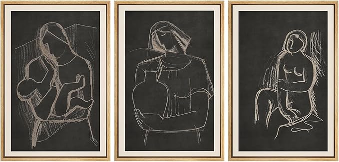 SIGNFORD Framed Wall Art Print Set Black Background Figurative Line Digital Art Modern Art Contemporary for Living Room, Bedroom, Office - 16"x24"x3 NATURAL