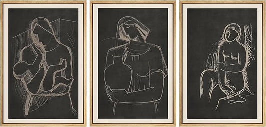 SIGNFORD Framed Wall Art Print Set Black Background Figurative Line Digital Art Modern Art Contemporary for Living Room, Bedroom, Office - 16"x24"x3 NATURAL