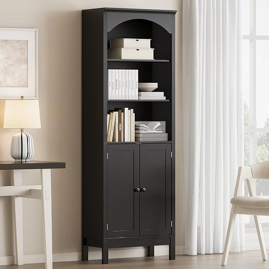 Bookshelf with Doors, 71" Tall Wood Book Shelf with Cabinet, 24" Wide Arched Bookcase with Adjustable Shelf, Floor Standing Display Storage Cabinet for Home Office, Study and Living Room, Modern Black