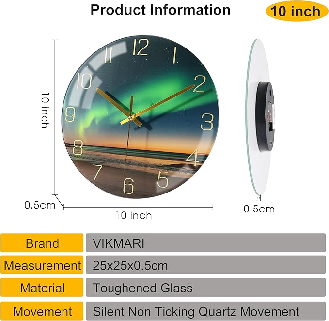 VIKMARI 10 Inch Modern Wall Clock, Aesthetic Black and Gold Decor Accessories, Unusual Silent Non Ticking Aurora Clocks for Living Room/Kitchen/Bedroom/Bathroom/Office (Glass)