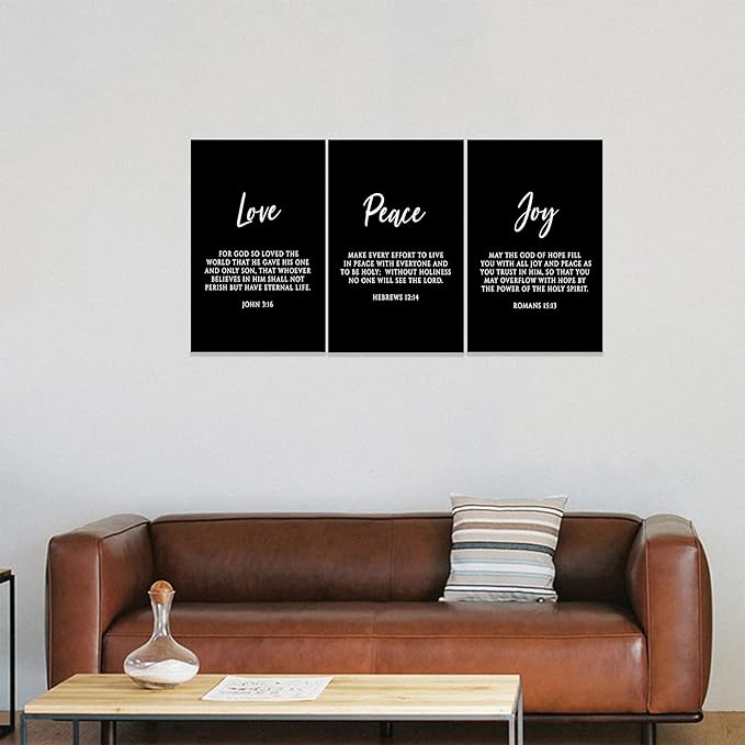 3 Piece Inspirational Wall Art, Black Sayings Prints Picture, Quotes "Love Peace Joy" Motivational Canvas Art for Religious Decor Gifts, Stretched And Framed Artwork for Home Wall Decor (48"Wx24" H)