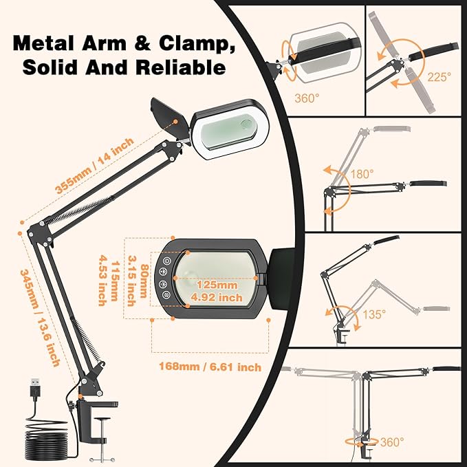Magnifying Glass with Light and Clamp, 15X 10X Desk Rectangle Magnifying Lamp with Dust Cover, 5 Color Modes, 84 LED Lighted Magnifier Hands Free, Table Lamp with Touch Button for Repair Crafts Hobby