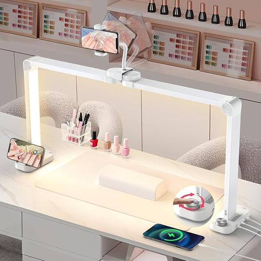 Yokilly 48W Half Moon Light: 34" Shadow-Free Half Moon Light for Desk Salon - Foldable LED Desk Lamp with Stepless Brightness 3000K-6500K for Manicurist Nail Tech (White, Large)