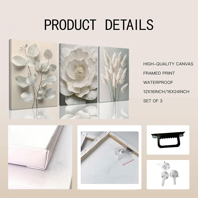 TUEASKY 3 Piece Canvas Wall Art Floral Wall Decor Neutral Pictures Flower Art Prints Botanical Paintings Beige Artwork For Bedroom Living Room