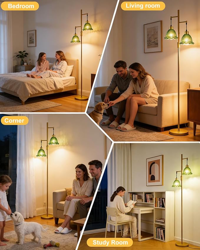 Lightdot 2- Light Gold Flower Floor Lamp for Living Room, 65IN Dimmable Floor Lamps with Green Glass Shade& 3000K Warm White Bulbs, Modern Standing Tall Lamp for Bedroom Office Sofa Beside Home Decor