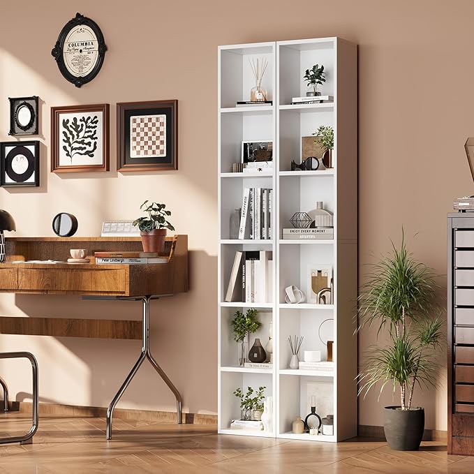 oneinmil 71.5" Tall Narrow Bookshelf, 6-Tier Cube Display Rack, Modern Corner Bookshelf with Storage Space, CD Storage Cabinet for Home Office (White 1 Pack, 6-Tier) | Cube Display Rack, Storage Space, CD Storage Cabinet, Home Office, 1 Pack
