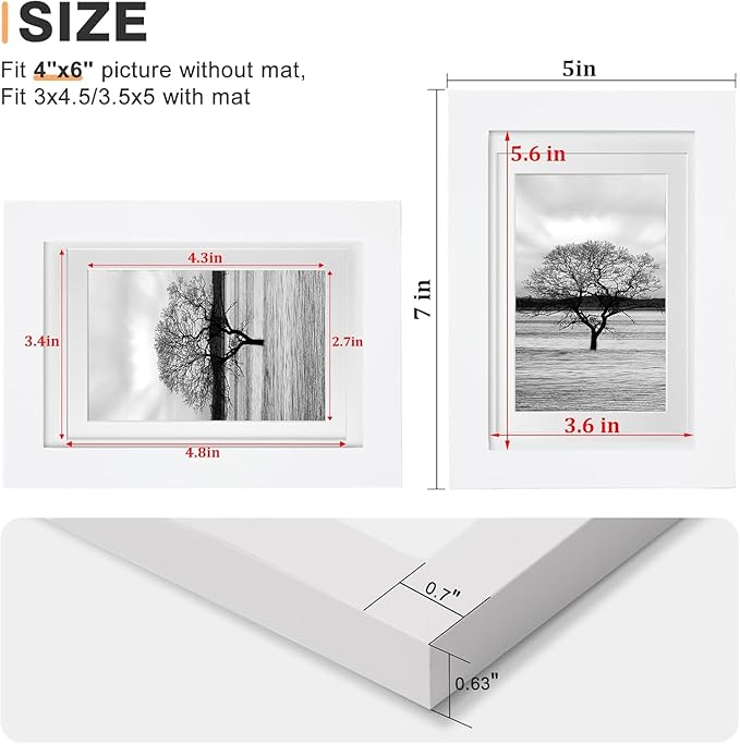 Egofine 4x6 Set of 6, Made of Solid Wood Covered by Plexiglass 3x4.5 and 3.5x5 with Mat or 4x6 without Mat, for Table Top Display and Wall Mounting Photo Frame, White