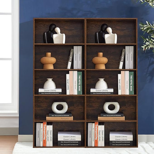 Bookshelves and Bookcases,5-Tier Double Open Storage Shelf, Floor Standing Display Storage Shelves for Home Office, Living Room, Bedroom, Brown