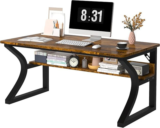 AZN Computer Desk, Computer Desk 47in, Office Desk w/Metal Frame & Storage, Office Desk for Study Writing Work Game, Home Office Desk Computer Desks w/Waterproof & Scratch-Resistant Surface, Brown