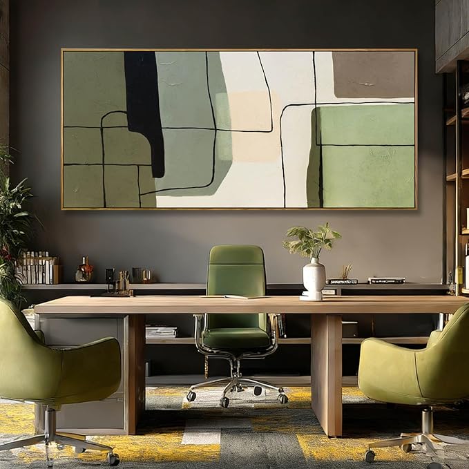 Large Abstract Canvas Wall Art 32x70 Inch, Green Beige Neutral Framed Wall Art, Modern Horizontal Canvas Wall Art with Wooden Frame for Living Room Home Decor