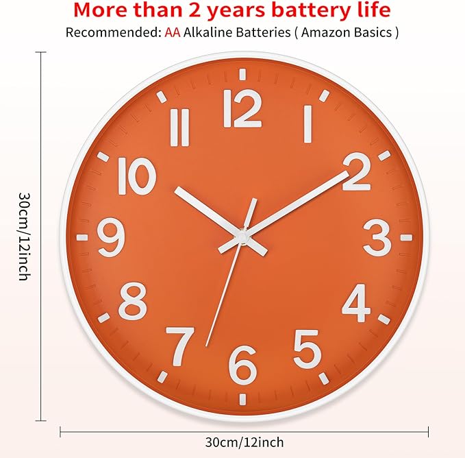 Foxtop Modern Wall Clock Silent Non-Ticking Battery Operated Round Quartz 12 Inch Wall Clock for Bedroom Living Room Kitchen Home School Office Decor (Orange & White)