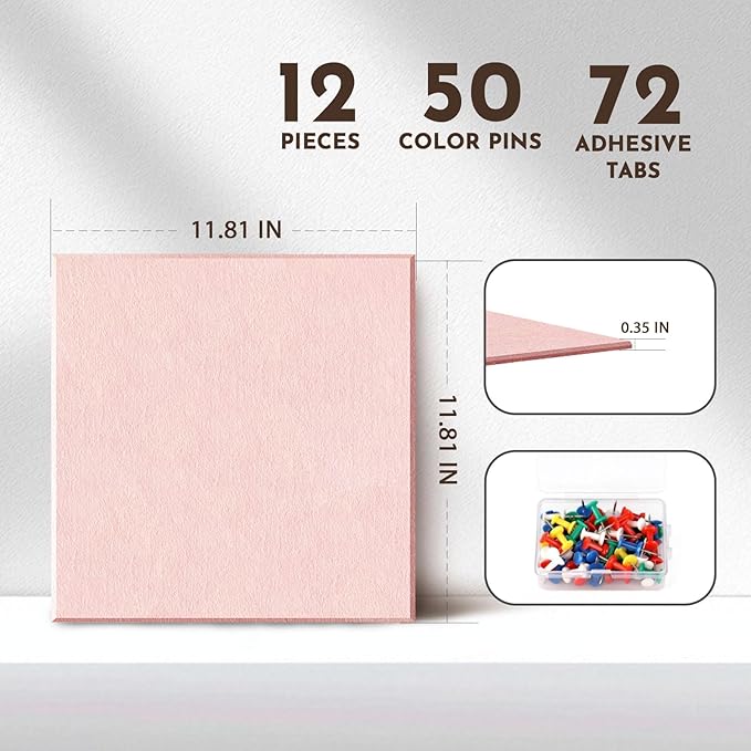 MISSDAY Pink Acoustic Wall Panel Felt Bulletin Board 48" x 36" Cork Board for Wall, 12-Pack Boards with 72 Removable Adhesive Tabs, 50 Pins, Pin Board for Home Office Classroom Soundproof Wall Tile