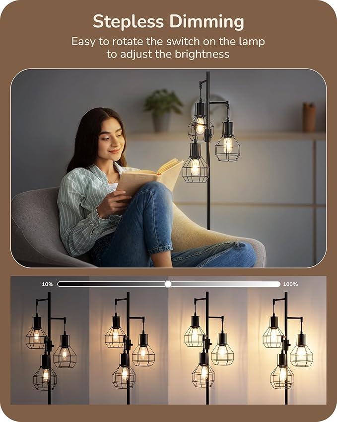 EDISHINE Dimmable Farmhouse Floor Lamp, Industrial Standing Lamp for Living Room, 3 LED Edison Bulbs Included, Black Corner Rustic Tall Tree Reading Lamps Home Decor for Bedroom, Office